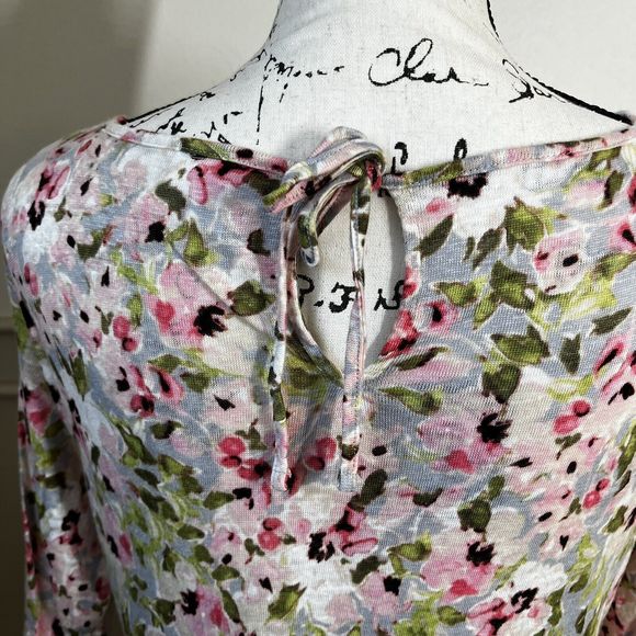 J Jill Love Linen 100% Linen Blouse Pink Green Watercolor Floral Shirt Sz Small - Picture 3 of 14